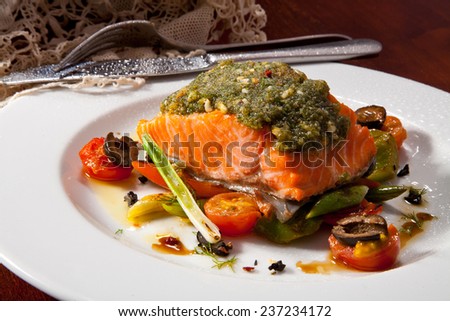 Fish Fillet, Grilled with Steamed Vegetables in Sweet and Sour Sauce. Photo, picture