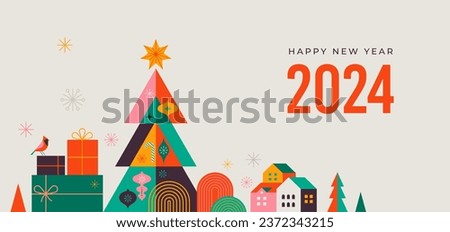Happy New Year 2024. Christmas tree in modern minimalist geometric style. Colorful illustration in flat cartoon style. Xmas tree with geometrical patterns, stars and abstract vector elements