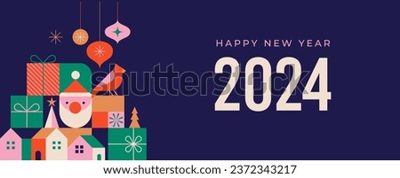 Happy New Year 2024. Christmas design in modern minimalist geometric style. Colorful illustration in flat cartoon style. Xmas tree with geometrical patterns, stars and abstract vector elements