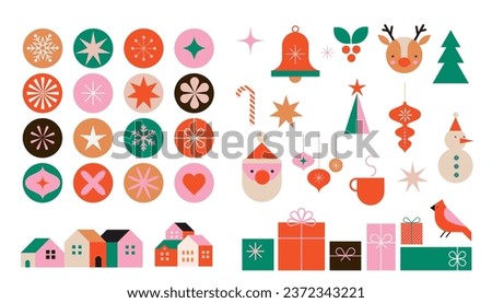 Christmas elements in modern minimalist geometric style. Colorful illustration in flat vector cartoon style. Xmas tree with geometrical patterns, stars and abstract elements Royalty-Free Stock Photo #2372343221