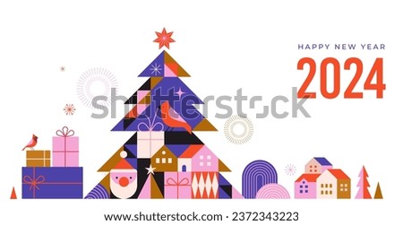 Happy New Year 2024. Christmas tree in modern minimalist geometric style. Colorful illustration in flat cartoon style. Xmas tree with geometrical patterns, stars and abstract vector elements