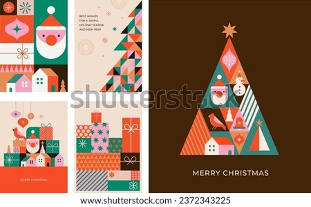 Christmas tree in modern minimalist geometric style. Colorful illustration in flat vector cartoon style. Xmas tree with geometrical patterns, stars and abstract elements