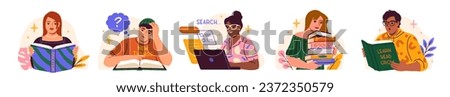 Collection of multiethnic students reading books, exploring knowledge and looking for information on the computer. Studying hard concept. Set of Education and Student flat cartoon vector illustrations