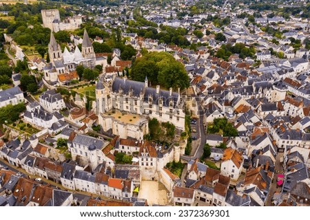 Aerial view of historic center of Loches town overlooking ancient Chateau of Anjou family with collegiate church, royal lodge and donjon, France