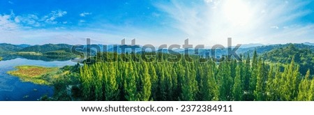 Beautiful landscape view of green summer forest with spruce and pine trees mountain, lake, river. Adventure travel nature background. Ecosystem ecology healthy environment. Royalty-Free Stock Photo #2372384911