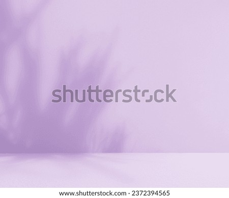 Empty purple studio room for product presentation with shadow of tree leaves  on the wall. Interior concrete wall and floor design backdrop for displaying products. Shadow overlay effect. 
