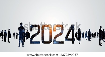 Group of multinational people and technology. 2024 New Year concept. New year's card 2024. Digital transformation. Wide angle visual for banners or advertisements.