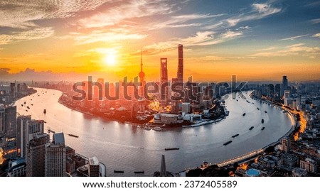 Aerial view of Shanghai city skyline and beautiful natural landscape in the morning