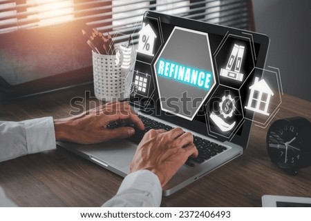 Refinance concept, Businessman using on laptop computer with refinance icon on virtual screen. Royalty-Free Stock Photo #2372406493
