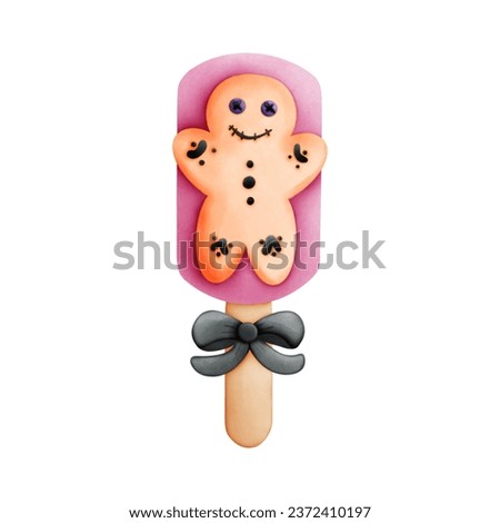 Watercolor halloween cute cookie illustration in pink ice cream isolated on white background. 