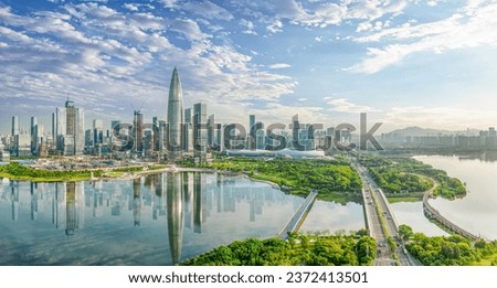 Aerial view of Shenzhen city skyline and river natural scenery Royalty-Free Stock Photo #2372413501