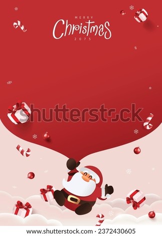 Santa Claus with a huge bag on the run to delivery christmas gifts at snow fall. Merry Christmas text Calligraphic Lettering Vector illustration.  Royalty-Free Stock Photo #2372430605