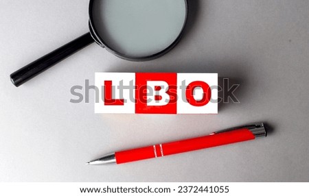 LBO word on a wooden cubes with pen and magnifier