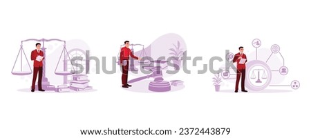 A male lawyer works in the courtroom. The judicial lawyer holds a team meeting. Lawyer holding a digital tablet with legal icons. Law concept. Set Trend Modern vector flat illustration Royalty-Free Stock Photo #2372443879