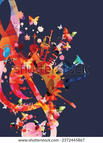 Colorful musical poster with G-clef and musical instruments vector illustration. Playful background for live concert events, music festivals and shows, party flyer
