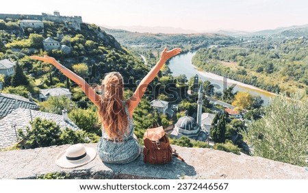 Happy traveler woman in Bosnia Herzegovina- Travel, tour tourism,vacation destination- Balkans Royalty-Free Stock Photo #2372446567