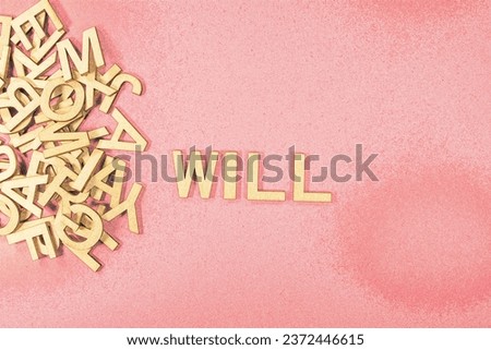 Popular and modern baby boy fashion name WILL in wooden English language capital letters spilling from a pile of letters on a red background pencil sketch