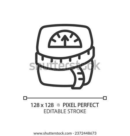 2D pixel perfect editable black weight scale with tape measure icon, isolated monochromatic vector, thin line illustration representing metabolic health.