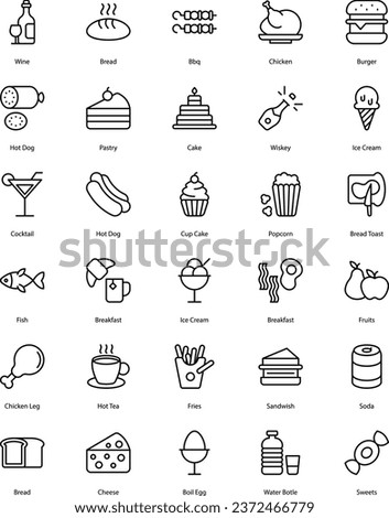 Food and Drink icons set, food icons, drink icons, foody, drink, beverage, glass, dish, cake, chicken, wine, fries, fish, ice cream, bakery, bbq, etc