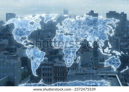 Creative glowing polygonal map hologram on blurry city backdrop. Global community and network concept. Double exposure