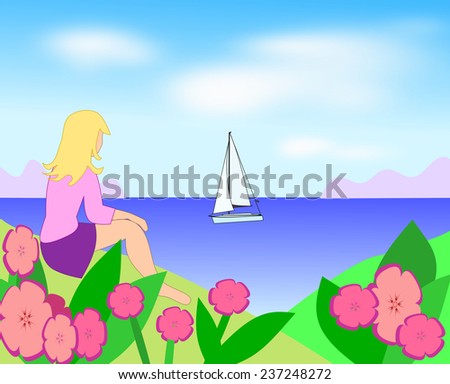 A girl sitting and looking over the ocean, and a lot of flowers in the foreground. 