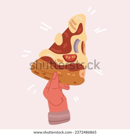 Cartoon vector illustration of Hand with slice of tasty pizza