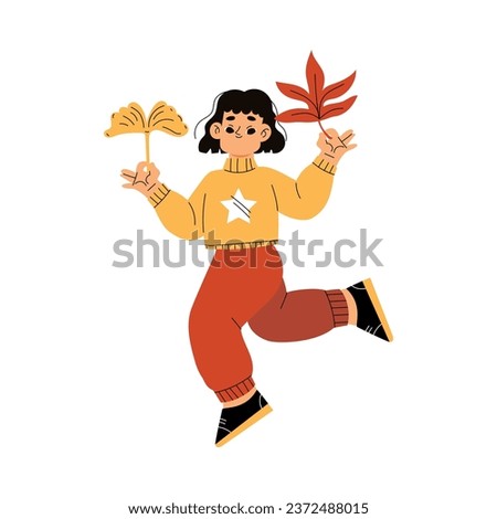 Cute Girl Character Enjoy Autumn Season Jump with Leaf Vector Illustration