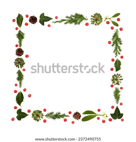 Christmas winter greenery and holly berry abstract background border on white. Traditional flora design element for greeting card, gift tag, label, menu, invitation.