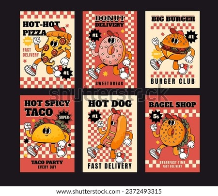 Cartoon fast food poster. Retro cards with mascot food characters. Brochure design with quote text for cafe. Banner with funky pizza, groovy donut and burger vector set. Fast delivery flyer