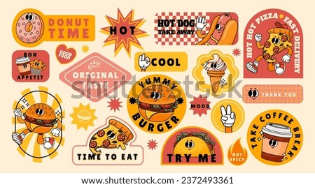 Cartoon fast food stickers. Retro comic cards and label with hot dog, ice cream and drinks. Trendy mascot food characters. Design elements for food restaurant vector set. Yummy burger, taco and coffee