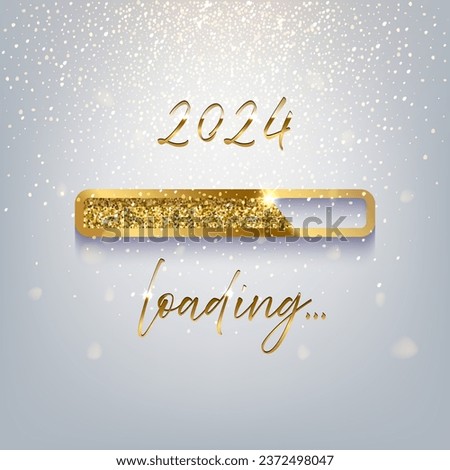 New Year golden loading bar vector illustration. 2024 Year progress with lettering. Party countdown, download screen. Invitation card, banner. Event, holiday expectation. Sparkling glitter background. Royalty-Free Stock Photo #2372498047