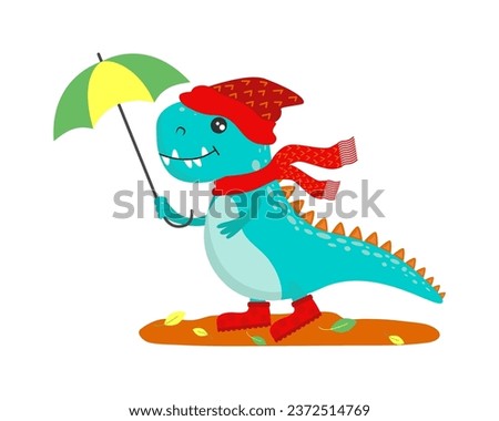 Illustration for children. Cute dinosaur in rubber boots with an umbrella. Cozy autumn