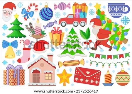 Set of Christmas holyday icons and New Year illustrations. Collection of Christmas decorative design elements, doodle, cartoon, scrapbook illustrations.