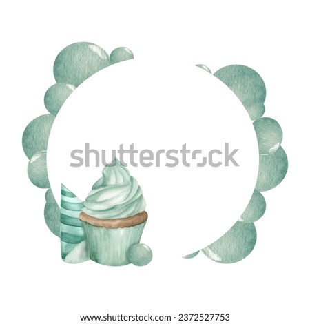 Watercolor mint color frame with cupcake, birthday hat and bubbles around in mono color. Mint muffins frame for party, cafe, invitation, card design, clip art, isolated