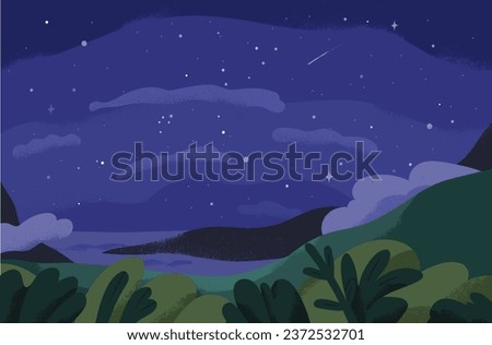 Starry sky. Many stars, constellations at night. Midnight starlights, magic glowing sparkles over skyline, heaven horizon. Nighttime landscape, noon nature background. Flat vector illustration