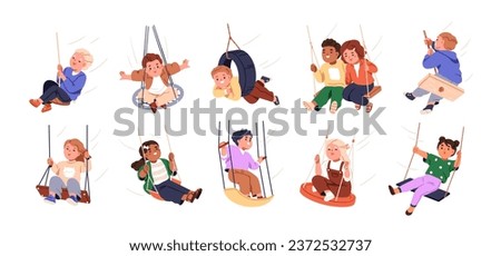 Happy kids swinging set. Little child, boys and girls having fun, joy outdoors. Cute children laughing, sitting on tire, plank with rope. Flat graphic vector illustrations isolated on white background Royalty-Free Stock Photo #2372532737