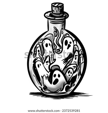 Get into the Halloween spirit with our spooky Ghosts in a Bottle illustration! This unique artwork can be used as both a decorative piece and coloring pages for endless fun. Perfect for a haunting.