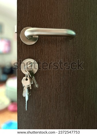 Keys hanging on a contemporary brown-patterned door with a bright blurred background