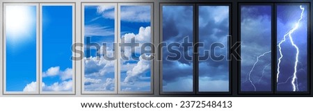 Different weather. Windows overlooking sky. Sun and thunderstorm. Lightning or clouds outside windows. Horizontal banner with different weather. Climate change concept. Weather forecast banner