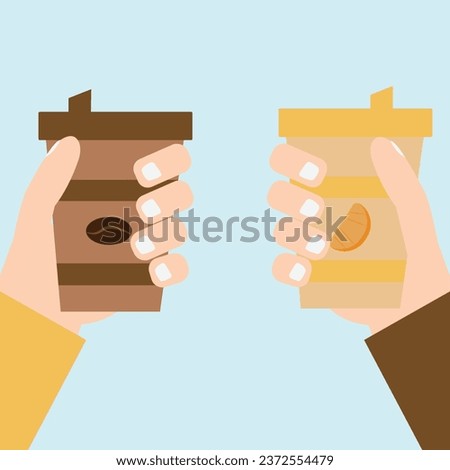 Close up of two hand holding cup of coffee and cheering. Colourful Vector Illustration. Royalty-Free Stock Photo #2372554479