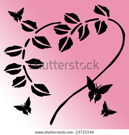 Black Silhouette of Butterflies and Heart Shaped Flower Stem and Leaves as a Border Clip Art Stencil Design Isolated on a Gradient Red, Pink, and White Background