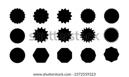 Callout star sticker. Starburst price badge sticker. Promo tag icon with scalloped edge. Wavy sale circles and ellipse seal stamps. Vector illustration isolated on white background. Royalty-Free Stock Photo #2372559323