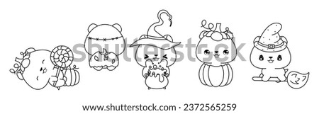 Set of Vector Halloween Hamster Coloring Page. Collection of Kawaii Isolated Halloween Rodent Outline. 