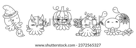 Collection of Vector Halloween Octopus Outline. Set of Isolated Halloween Marine Animal Coloring Page. 