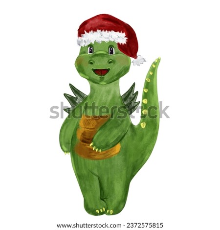 Watercolor isolated illustration of a cute green dragon in a Christmas cap, dino symbol of 2024, hand drawn New Year symbol, dragon baby