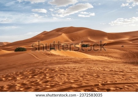 Merzouga is a small Moroccan town in the Sahara Desert, near the Algerian border. It’s known as a gateway to Erg Chebbi, a huge expanse of sand dunes north of town. Royalty-Free Stock Photo #2372583035
