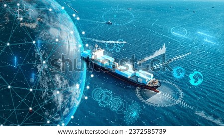 AI Cargo ship technology. Global Logistics international delivery concept, World map logistics and supply chain network distribution container Ship running for export import to customs ocean	
