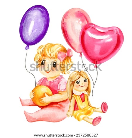 Watercolor hand drawn sitting baby girl in a pink jumpsuit with a ball, a doll and colorful balloons, sketch of newborn theme isolated on white background, pink and lilac colors