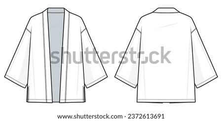 kimono top fashion flat technical fashion illustration. Flat apparel, kimono fashion flat technical drawing template. front and back view, white color, unisex, CAD mock set. Royalty-Free Stock Photo #2372613691