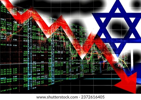 Israeli flag with stock market monitor. Collapse or crisis with big red arrow on background. The stock market fell due to the war. Repeated exposure. Can be used as background or base map Royalty-Free Stock Photo #2372616405